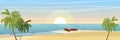 Island in the ocean, a sandy beach and coconut trees. Two wooden boats on the beach. Waves, sea, sea foam. Summer seaside vacation